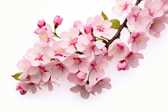 Branch of pink flowers with green leaves on white background.
