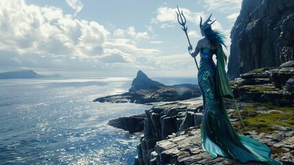 A mystical mermaid warrior with vibrant blue and green scales stands tall on a rocky cliff overlooking a vast sea trident in hand ready to defend her kingdom. - obrazy, fototapety, plakaty