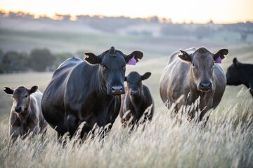 Naklejka premium beautiful cattle in Australia eating grass, grazing on pasture. Herd of cows free range beef being regenerative raised on an agricultural farm. Sustainable farming of food crops. Cow in field