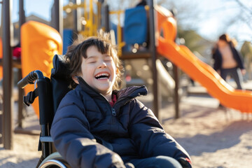 A joyful young child in a wheelchair is laughing heartily at a playground, embodying the concept of inclusivity and happiness in play.