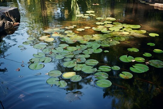 Glassy Pond calm water. River garden. Generate Ai