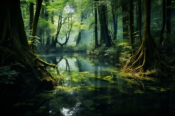 Fototapeta na wymiar Lush Pond calm forest water. Plant spring. Generate Ai
