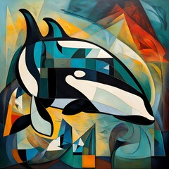 Obraz premium a cubist style, art deco, abstract painting of a killer whale. Bright colors.