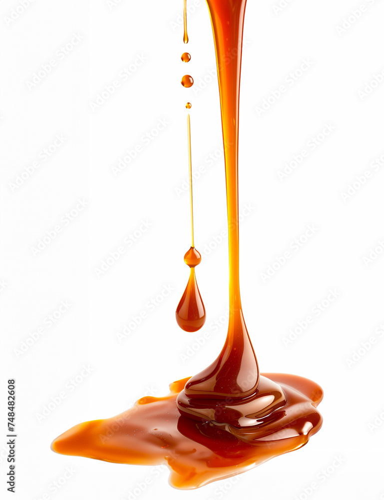 Poster thick caramel drizzle creating a tantalizing pool with droplets suspended in air, isolated on white 