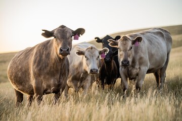 fat Beef cows and calfs grazing on grass in south west victoria, Australia. in summer grazing on dry tall pasture. breeds include angus and murray grey livestock