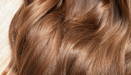 Naklejka premium Brown hair close-up as a background. Women's long brown hair. Beautifully styled wavy shiny curls. Hair coloring. Hairdressing procedures, extension.