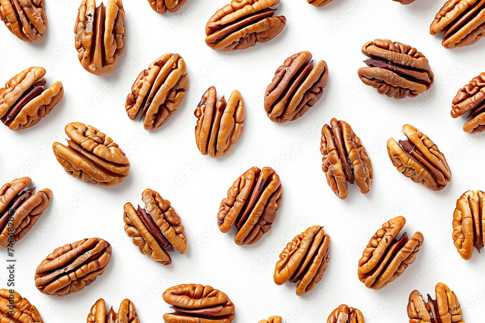 Poster pattern of scattered pecan nuts on a white background with ample copy space, ideal for culinary conc