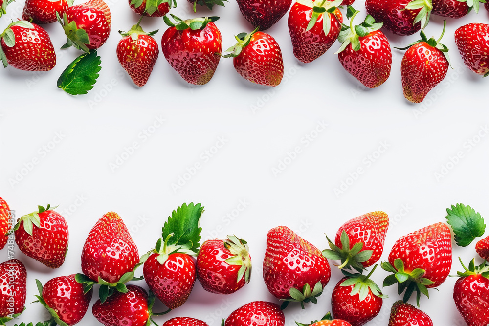 Poster fresh ripe strawberries arranged in two horizontal rows with copy space on a white background, perfe