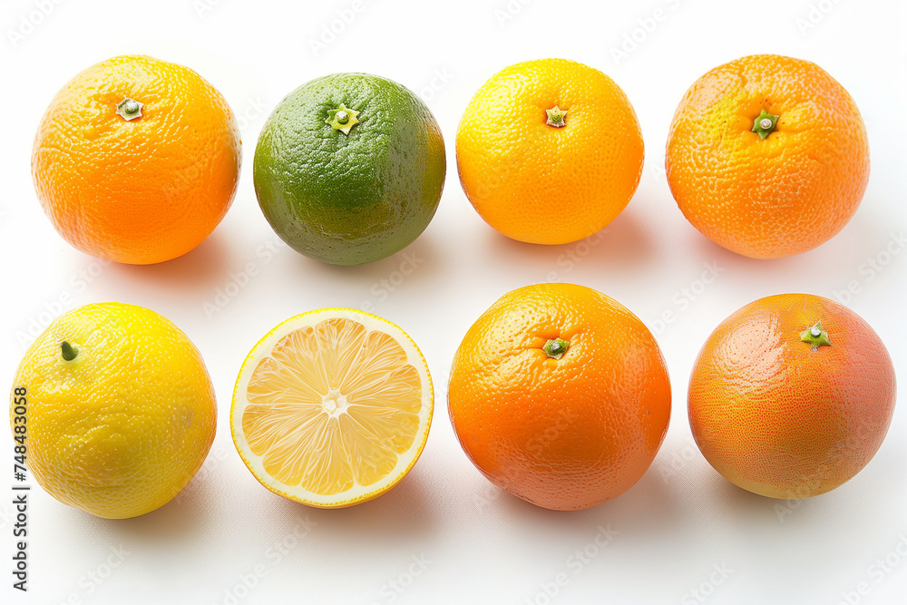Poster assorted fresh citrus fruits with a halved lemon on a white background with space for text, perfect 