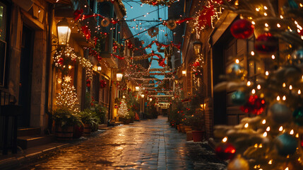 Traditional houses decorated with Christmas garlands stand out in the winter night, radiating warmth and charm, illuminating the old city streets with festive spirit, Generative Ai. - obrazy, fototapety, plakaty