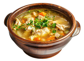 Soup with chicken in wooden bowl isolated on transparent background, top view