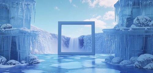 A 3D art gallery with an empty frame, in a world of ice sculptures and frozen waterfalls. - obrazy, fototapety, plakaty