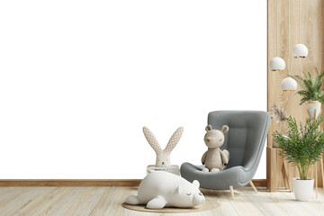 Children's room with gray armchair soft toys on transparent background.3d rendering - obrazy, fototapety, plakaty