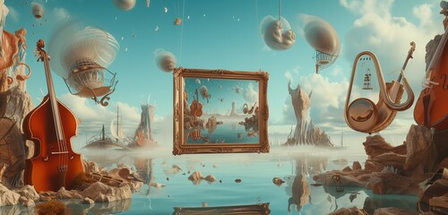 A 3D art gallery with an empty frame, set amidst a surreal landscape of floating musical instruments.