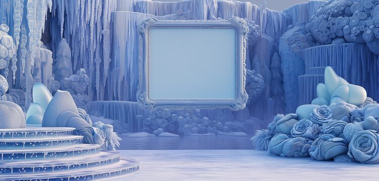 A 3D art gallery with an empty frame, in a world of ice sculptures and frozen waterfalls.