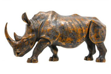 Detailed wooden rhinoceros sculpture with intricate patterns isolated on a white background, ideal for environmental conservation concepts or African wildlife-themed designs with copy space