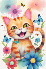 Funny cat with flowers and butterflies in watercolor style. Vector illustration.