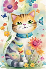 Cute cat with flowers and butterflies, watercolor illustration, vector