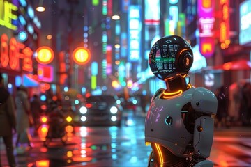 Robots navigate the bustling streets of future cities trading Bitcoins in neon lit exchanges - obrazy, fototapety, plakaty