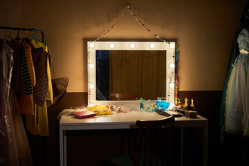 Background image of vanity mirror backstage in theater dressing room with dim light copy space