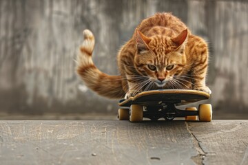 An adventurous ginger tabby cat is crouched intently on a skateboard, poised as if ready to launch into motion. The background is a blurred grey concrete wall