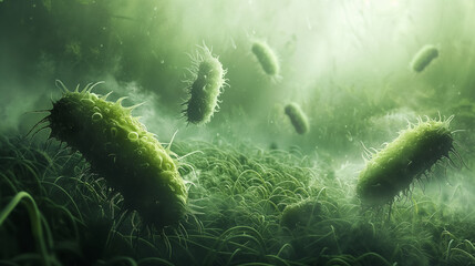 Fototapeta premium Microscopic bacteria in a green environment.