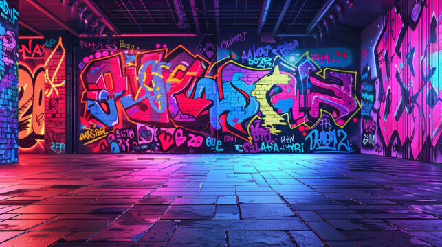 Graffiti tags in a rainbow of hues serve as a backdrop for a bustling nightlife scene capturing the citys vibrant energy.