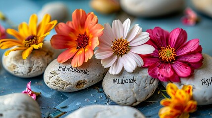 A peaceful garden setting with colorful flowers in bloom, where "Eid Mubarak" is spelled out in delicate petals against a backdrop of white stones