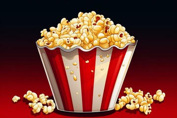 Delicious Popcorn snack bucket on tables. Movie cinema popcorn in striped bucket container. Generate ai
