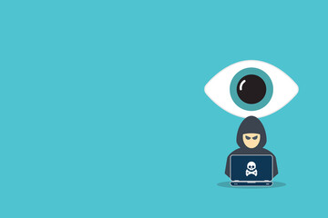 Hacker watching your every move on web. Hacker with laptop computer stealing confidential data, personal information and credit card detail. Hacking concept.	