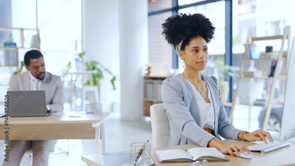 Poster business woman, internet and research on computer in modern office and professional with technology 
