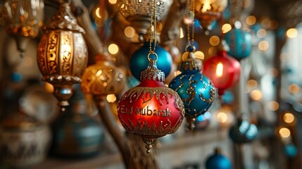 A picture-perfect Eid tree embellished with dazzling ornaments, casting a warm glow against the simplicity of a white wall, with "Eid Mubarak" spelled out in glittering letters