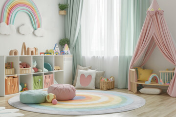 Colorful children's playroom with pastel decor, rainbow wall art, plush pillows, a round rug, and a cozy play tent.