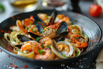 Delicious asian pasta with shrimp and mussels