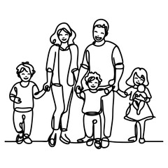 Continuous one black line art drawing happy family father and mother with child doodles style vector illustration on white