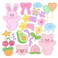 Cute doodles of rabbit, butterfly, cat, cherry, avocado, peach, pink ribbon, cloud, flower, shooting star, balloon for animal sticker, fruits, food, picnic, summer, pet, cute patches, plush toy, dolls