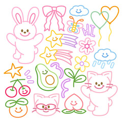 Pastel outlines of rabbit, butterfly, cat, cherry, avocado, peach, pink ribbon, cloud, flower, shooting star, balloon for animal sticker, fruit icon, food logo, picnic, summer, pet, colouring book, ad