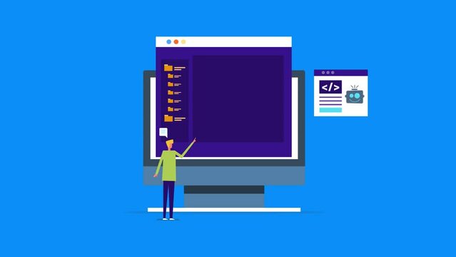Web developer using AI robot assistant to generate codes for software application project, python programming, web development technology conceptual video animation.