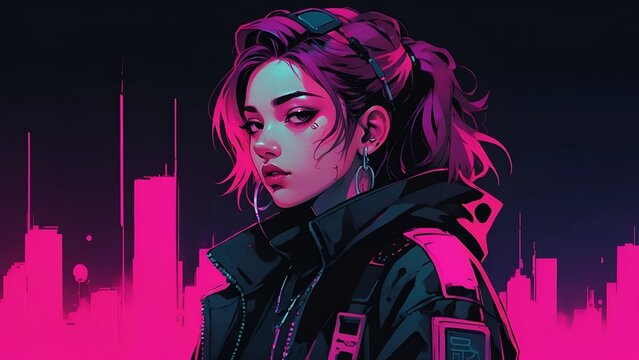 portrait of a cyberpunk girl isolated in black and pink graffiti background, 