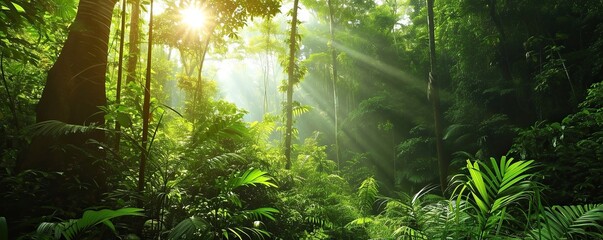 The tropical rainforest is green and beautiful on a sunny morning with fog still surrounding the forest.