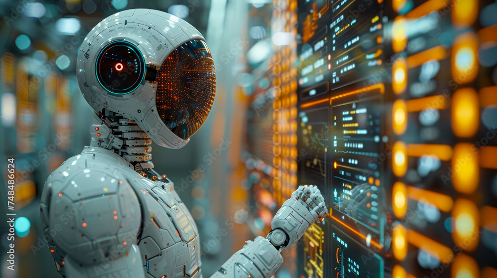 Aufkleber humanoid robot working in a data center or server room
