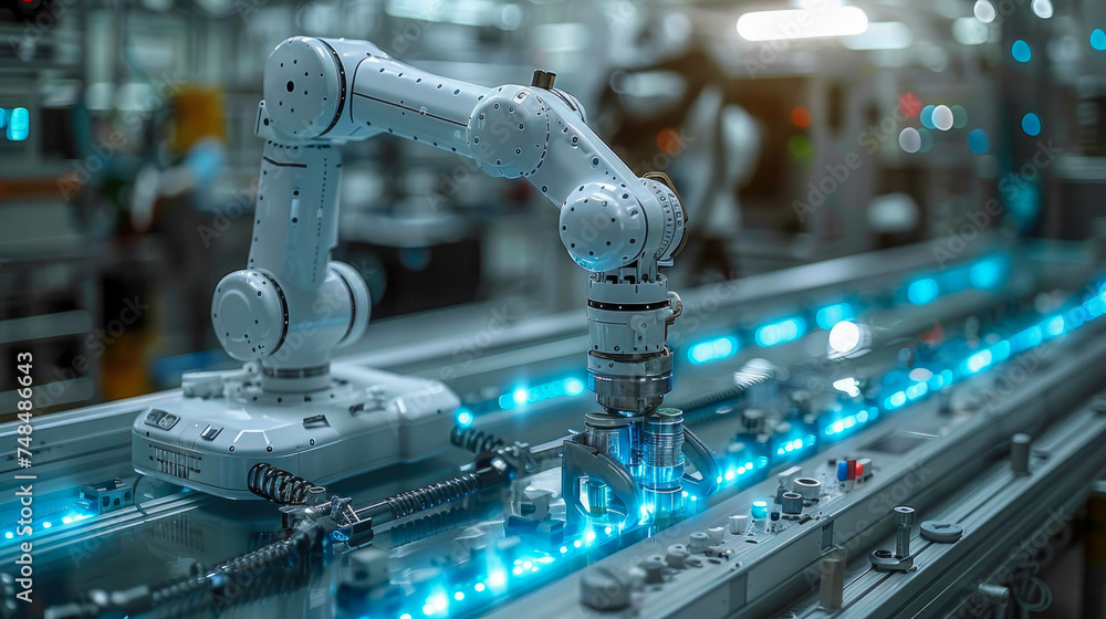 Poster robotic arms working on assembly line in factory. concept of artificial intelligence for industrial 