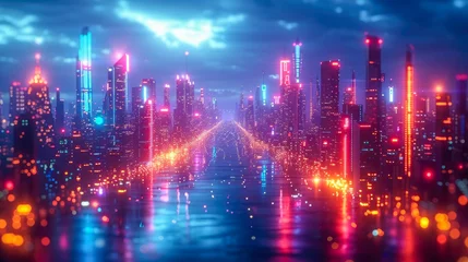Foto op Plexiglas Multicolored big city abstract digital with glowing bright high buildings skyscrapers and streets futuristic energy metropolis © Aliaksandra