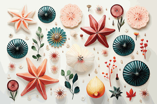 Large seashell collection on a distressed white wooden background.
