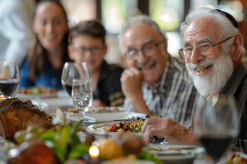 Happy Jewish senior man celebrates Hanukkah with his family at dining table