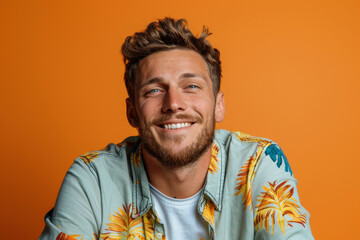 Smiling Young Man with Fashionable Hairstyle on Orange Background