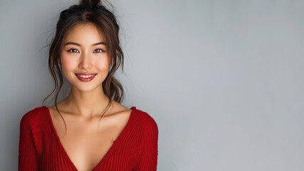 Fototapeta premium Asian woman in red halter V-Neck smiling isolated on gray