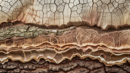 A closeup of the graft site shows the intricate patterns of the two trees cambium layers merging together in a visually stunning display of natural artistry. - obrazy, fototapety, plakaty