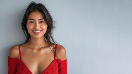Indian woman in red halter V-Neck smiling isolated on grey