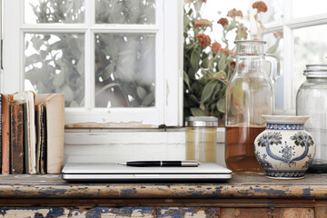 Rustic Home Office Setup with Vintage Elements by a Window